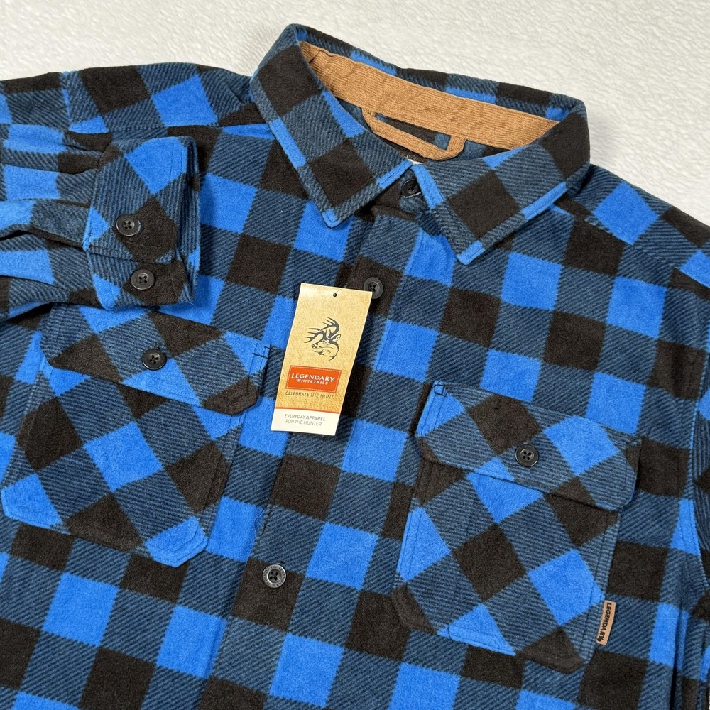 Legendary Whitetails Shirt Mens Large Blue Plaid Navigator Fleece Button Front